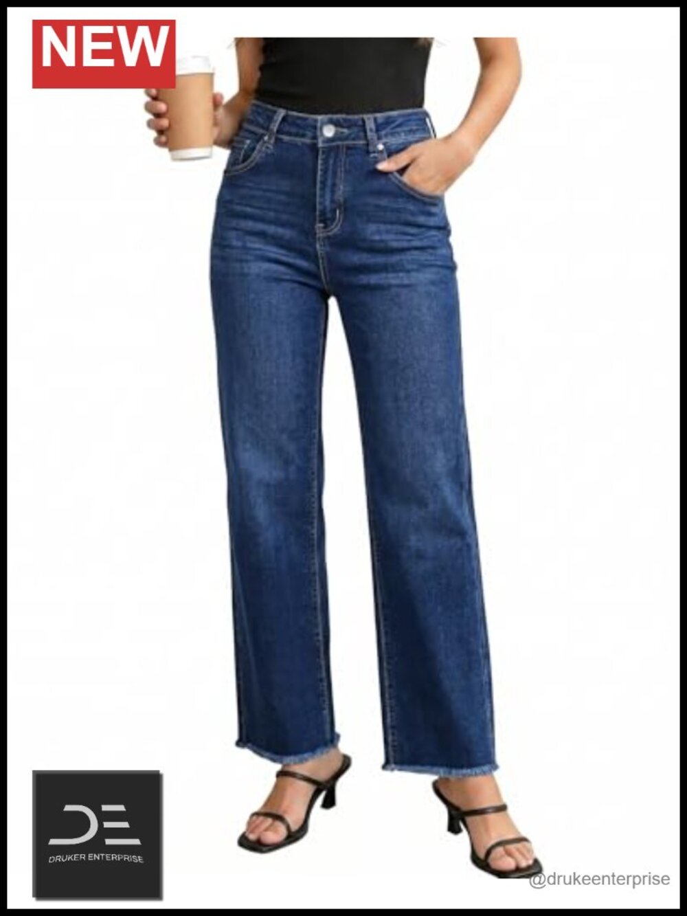 High Waisted Straight Leg Jeans Stretchy Raw Hem Baggy Denim Pants